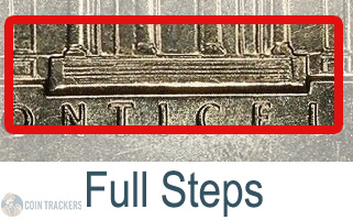 1973 nickel Full Steps variety: close-up of Monticello reverse showing all five crisp step lines