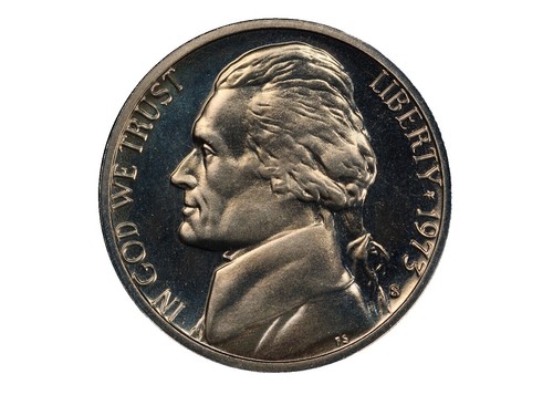 1973 nickel doubled die obverse showing visible doubling on date numerals and IN GOD WE TRUST lettering