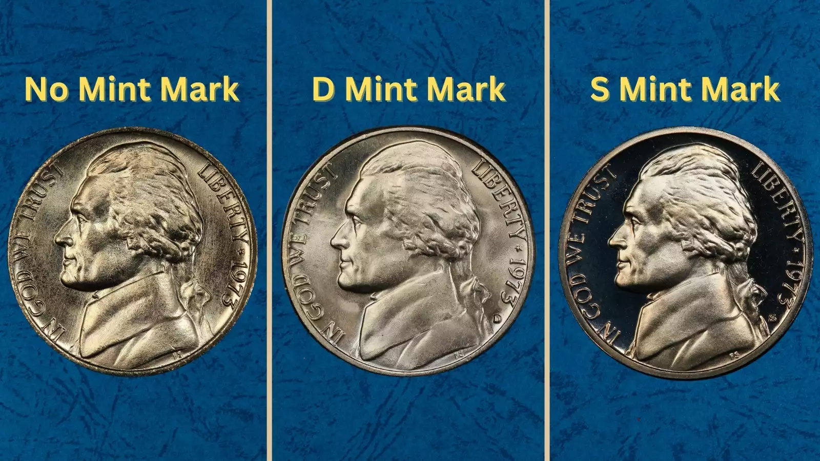 1973 Jefferson nickel group showing Philadelphia, Denver, and San Francisco proof specimens side by side