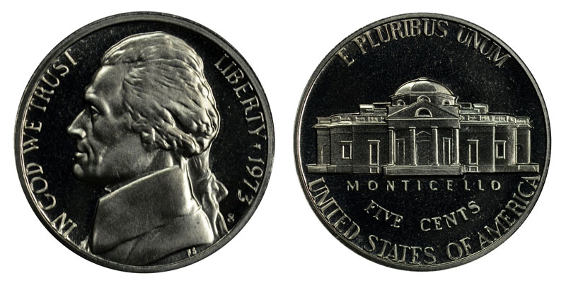 1973 Jefferson nickel grading strip showing four condition tiers: Worn, Circulated, Uncirculated, and Gem MS